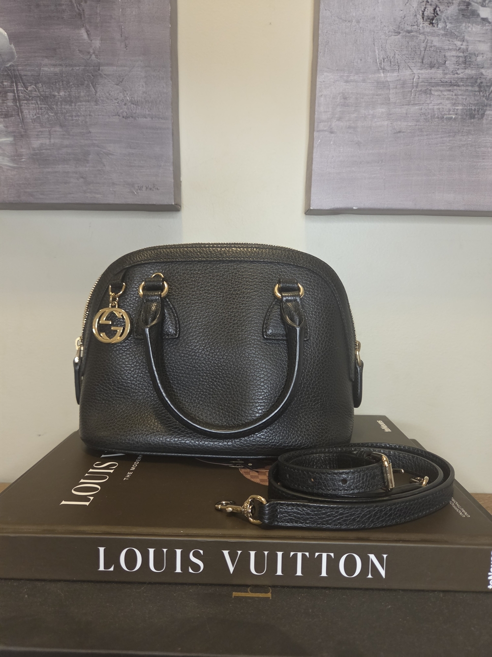 Gucci Black Leather Dome Satchel with Gold Hardware
